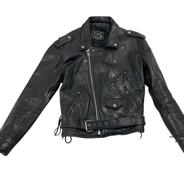Vintage First Genine Leather Black Motorcycle Jacket With Zipper & Snap Details