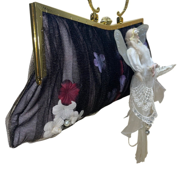 Vintage Black Mesh Fairy Themed Handbag With Gold Frame Unique Evening Bag