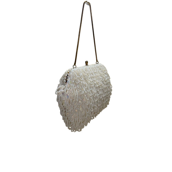 Vintage ADG Women’s White Fringe Beaded Satin Metallic Strap Clutch Bag