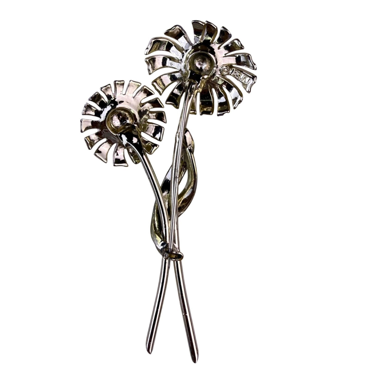 B.S.K. Womens Gold Tone White Enamel Double Daisy Flower Brooch With Rhinestones