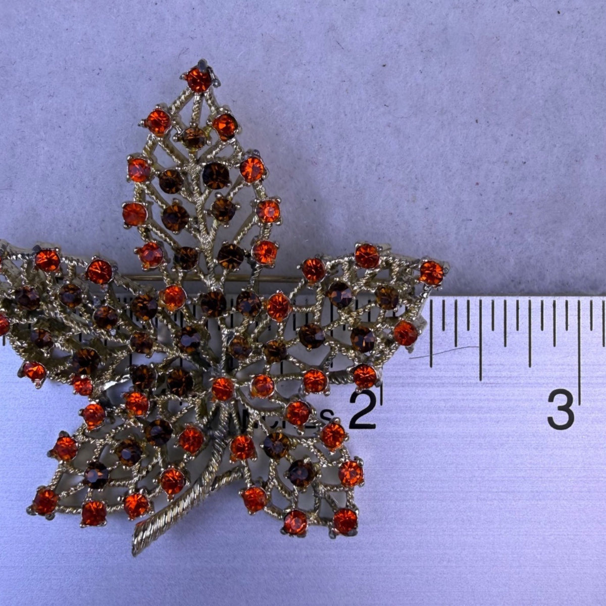 Red Orange Rhinestone Maple Leaf Brooch With Pin Gold Tone Statement Jewelry