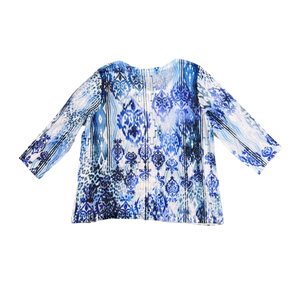 Chicos Womens Blue Ikat Print 3/4 Sleeve Top With Rhinestone Detail  Size 3