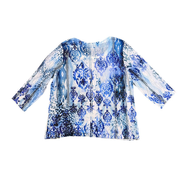 Chicos Womens Blue Ikat Print 3/4 Sleeve Top With Rhinestone Detail  Size 3