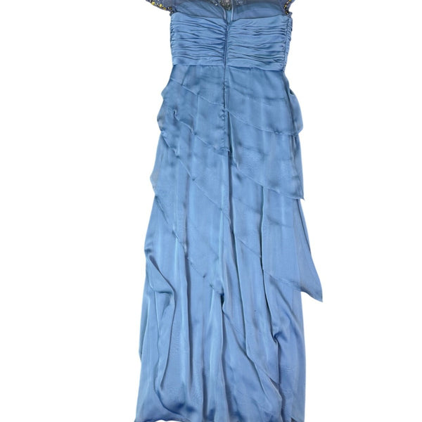 Adrianna Papell Womens Blue Beaded Sheer Sleeve Evening Gown Size 8