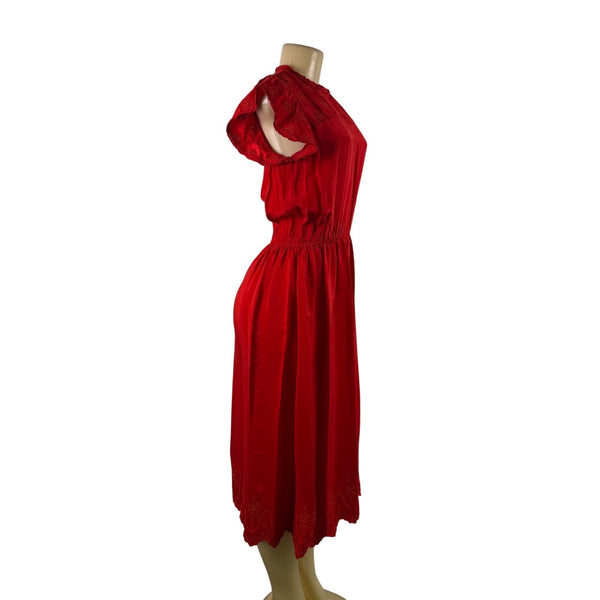 The Great Women’s Red Silk Embroidered Midi Dress Feminine Short Sleeves Size 0