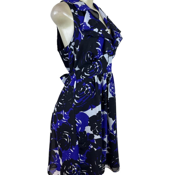 Trulli Women’s Blue Floral Sleeveless A-Line Dress With Ruffled Neckline Sz M
