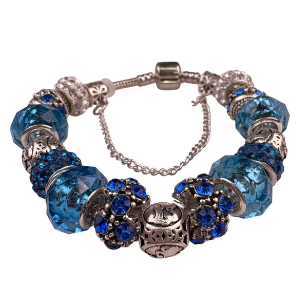 Sterling Silver Womens Multicolor Crystal Beaded European Style Charm Bracelet