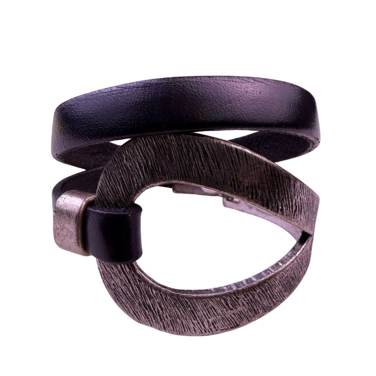 Saachi Womens Black Leather Hammered Metal Double Wrap Bracelet Modern Design