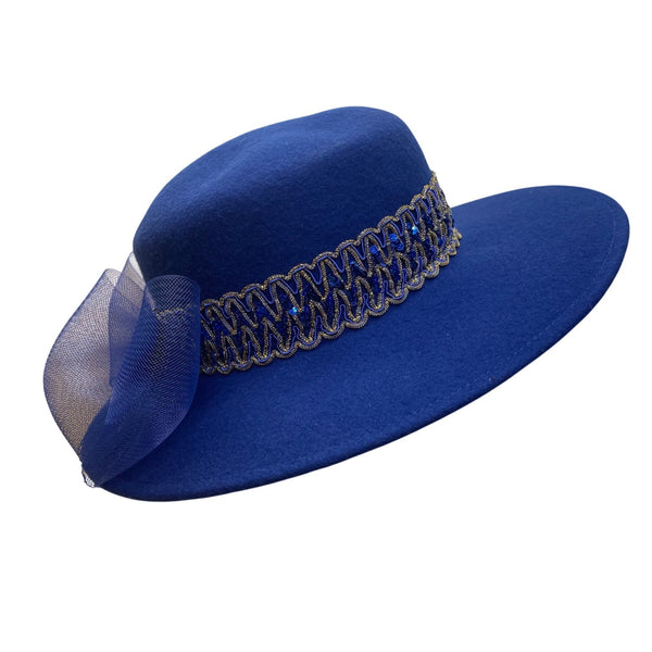 Glory II Womens Blue Wool Dress Hat With Decorative Band & Mesh Bow