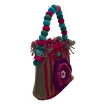 Handmade Women’s Pink & Brown Knitted Floral Design  Handbag With Beaded Handle