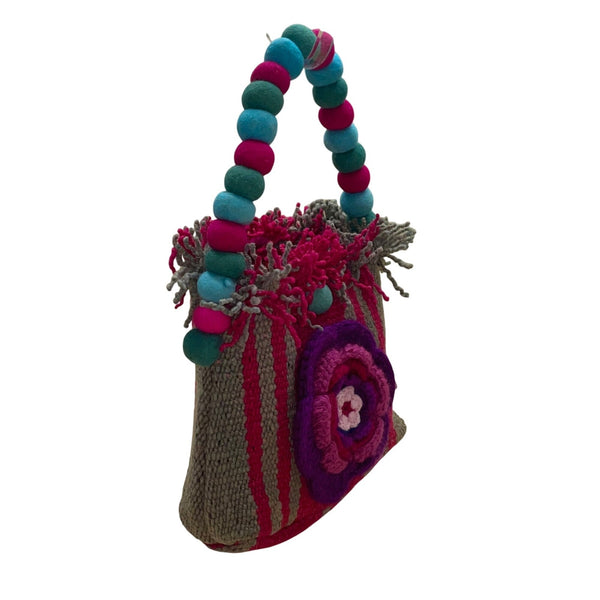 Handmade Women’s Pink & Brown Knitted Floral Design  Handbag With Beaded Handle