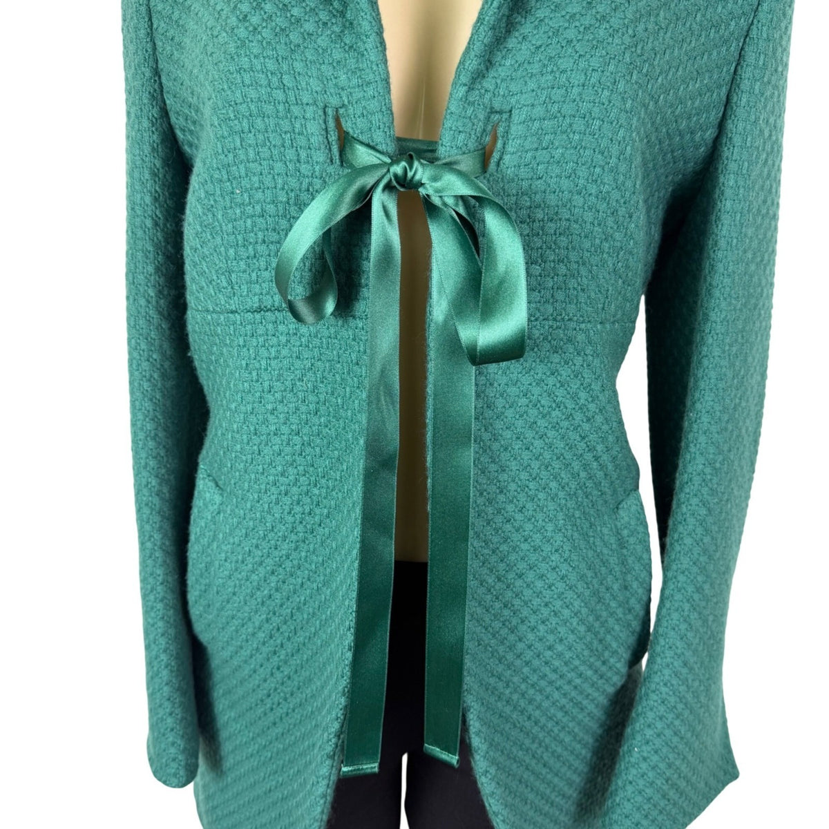Kristina Ti Green Waffle Coat With Satin Ribbon Tie Waist Made In Italy Size M