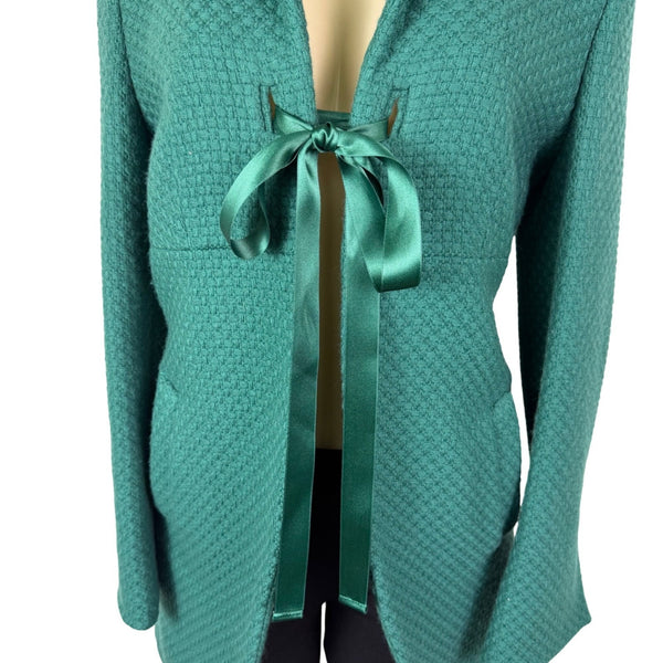Kristina Ti Green Waffle Coat With Satin Ribbon Tie Waist Made In Italy Size M