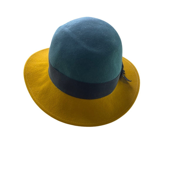 Dockin Womens Green & Yellow Wool Felt Cloche Hat Ribbon Accent Chic