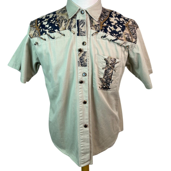 Fanny Special designs Vintage Mens Short Sleeve Western Shirt Beige & Black Sz X