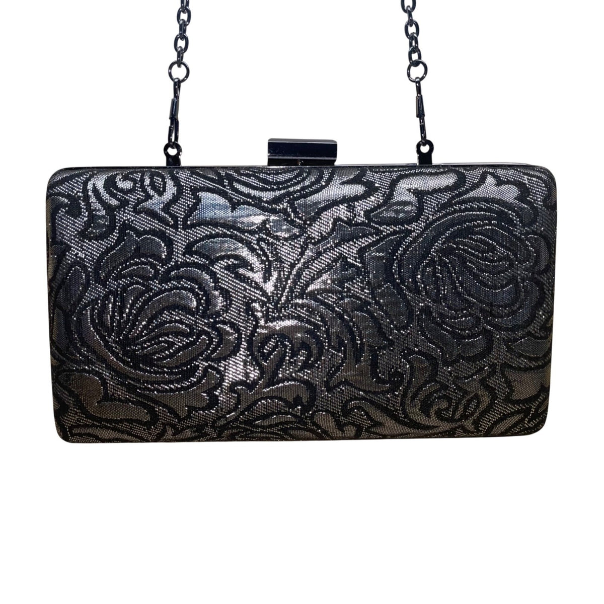 Jessica McClintock Women’s Black Rose Embossed With Chain Strap Evening Clutch P