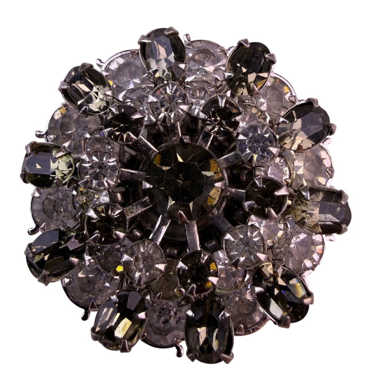 Vintage Unknown Womens Silver Tone Brooch Floral Design Gray & Clear Stones