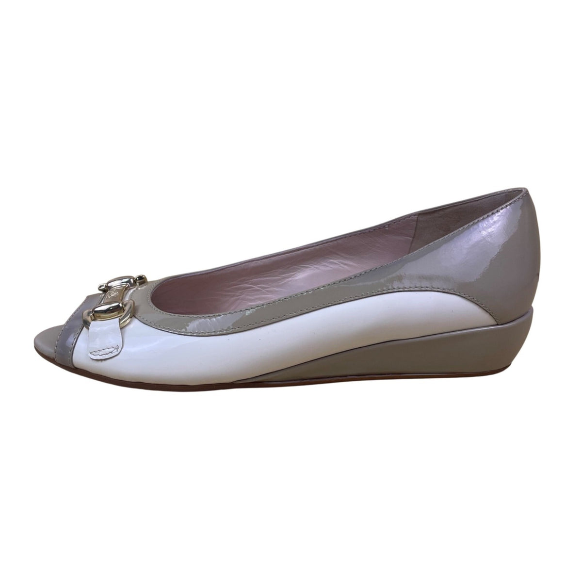 Amalfi By Rangoni Women’s White & Gray Patent Leather Open-Toe Low Wedge Size 7N