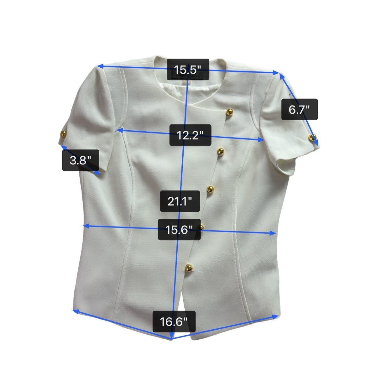 Tahari Womens White Polyester Short Sleeve Gold Button Detail Blouse Size 4
