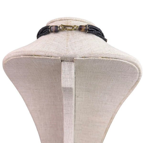 Vintage Multistrand Black & Gold Beaded Necklace With Round Pendant