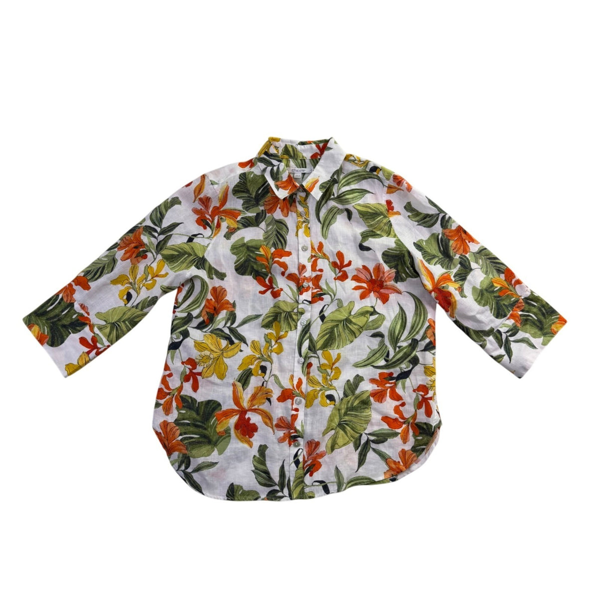 Chicos Womens White Multi Linen Button-Up Floral Shirt Vibrant Size 1 US 8