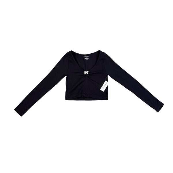 Pacsun Womens Black Polyamide Long-Sleeve Cropped Top With Bow Detail Size S