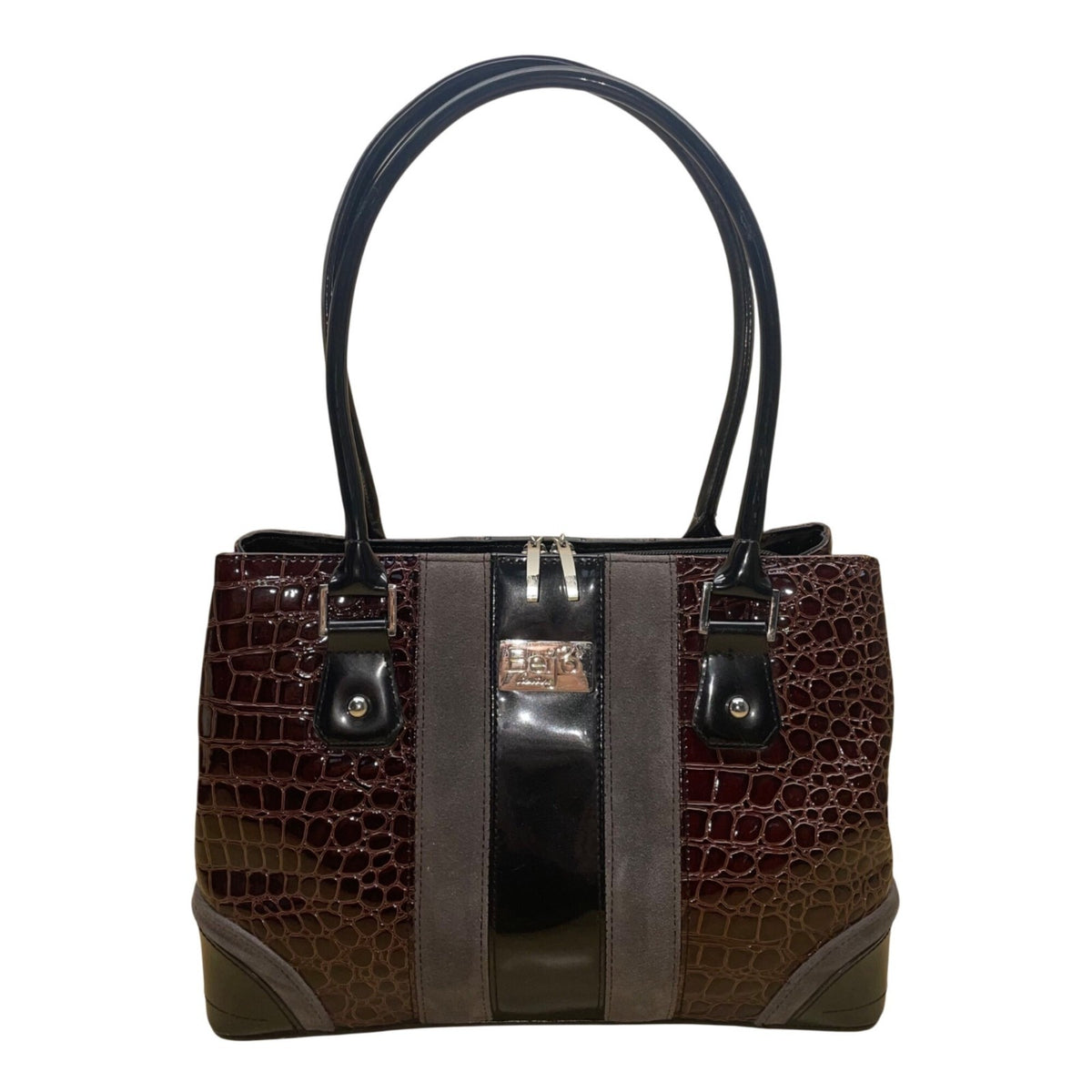 Beijo Women’s Brown & Black Faux Alligator Double Handles Snap Closure Tote Bag