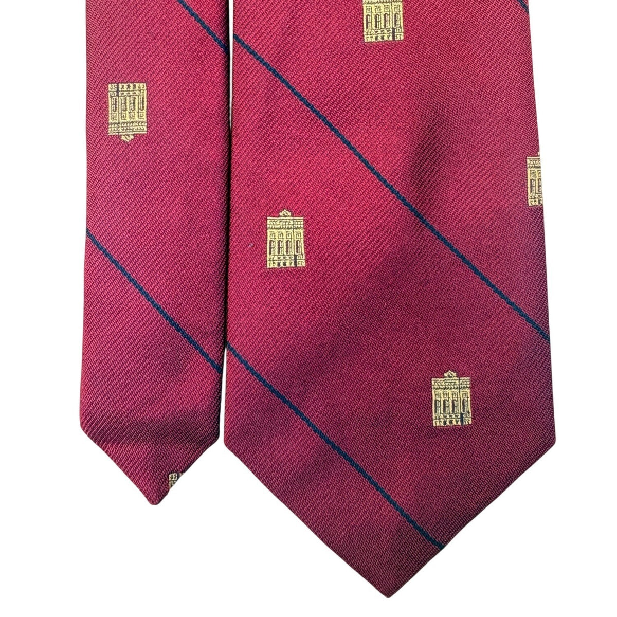 Wm Chelsea Ltd Mens Red Pure Silk Tie Gold Building Print Diagonal Stripe Design