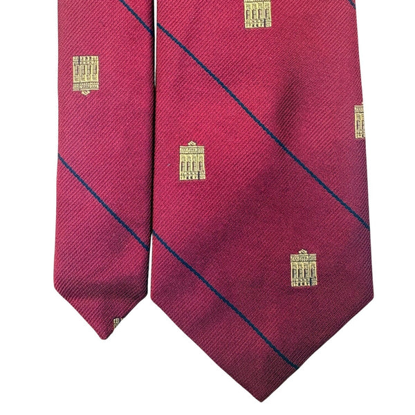 Wm Chelsea Ltd Mens Red Pure Silk Tie Gold Building Print Diagonal Stripe Design