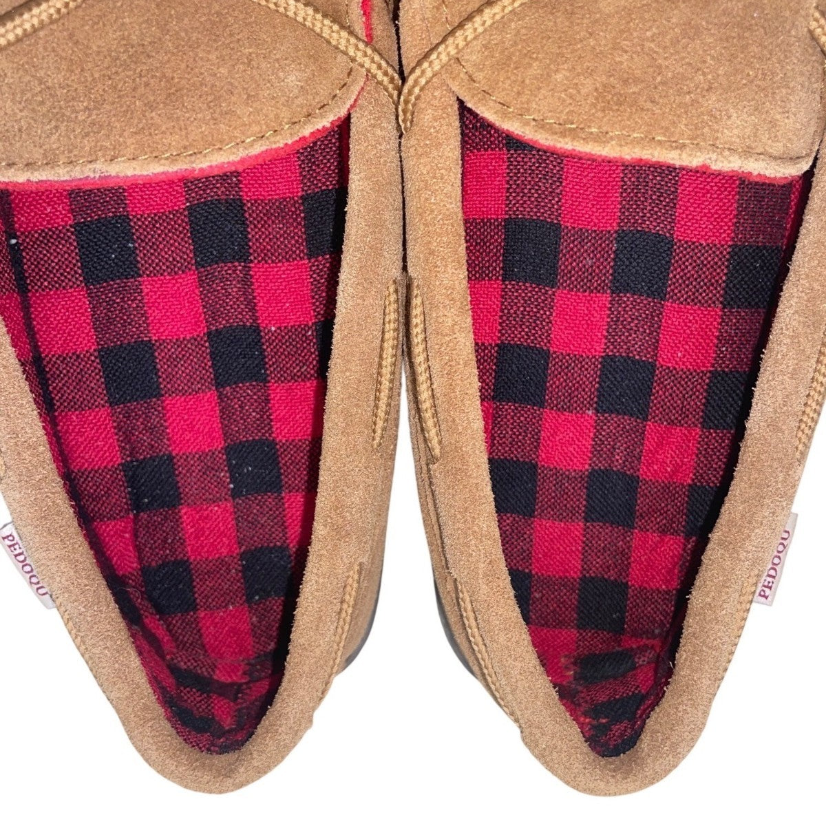 Pedoqu Men’s Brown Suede Red Plaid Flannel Lining Moccasin Slippers Size 9US