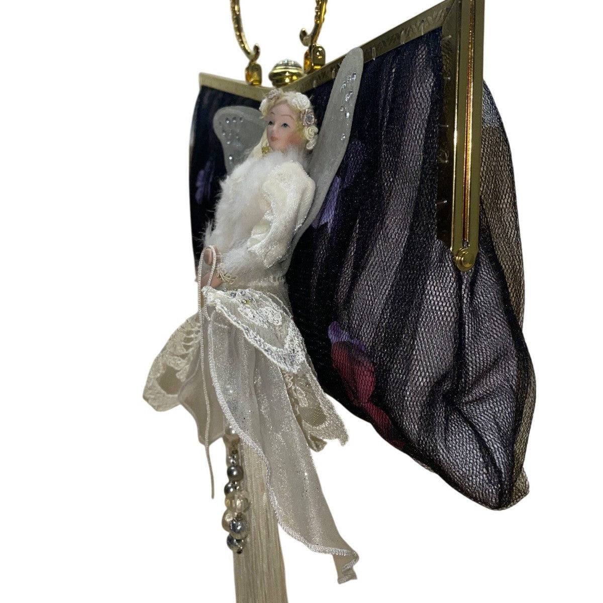 Vintage Black Mesh Fairy Themed Handbag With Gold Frame Unique Evening Bag