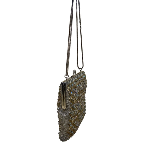 Vintage Women’s Gold Crystal Beaded Clutch Bag With Chain Strap & Satin Lining