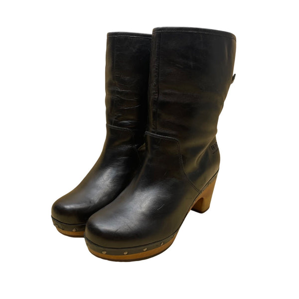 UGG Women’s Black Leather Sheepskin Lined Wooden-Heeled Mid-Calf Boots Size 7