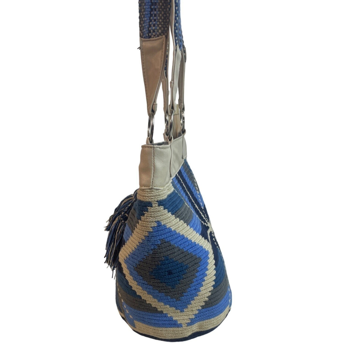 Handcrafted Women's Blue Wool Wayuu Design Ivory Leather Shoulder Bag Sz M