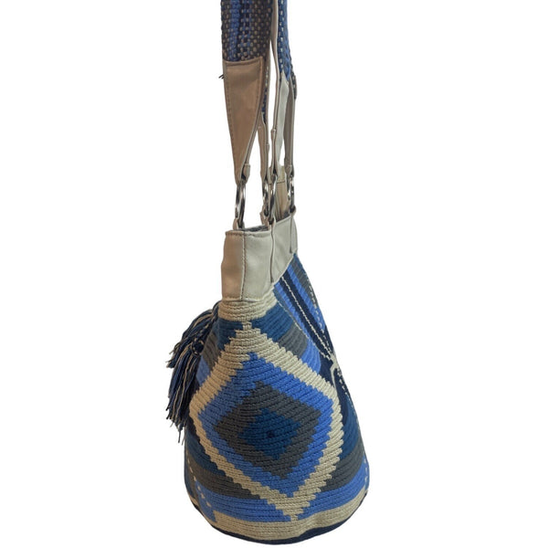 Handcrafted Women's Blue Wool Wayuu Design Ivory Leather Shoulder Bag Sz M