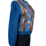 Vintage Button-Up Patchwork Cardigan Sweater With Textured Blue Sleeves Sz S/M
