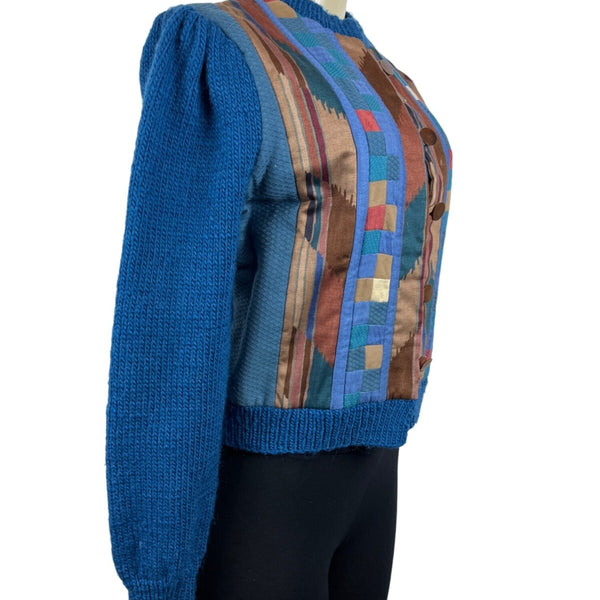 Vintage Button-Up Patchwork Cardigan Sweater With Textured Blue Sleeves Sz S/M