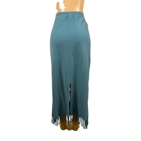 Rickie Treeman Teri Jon Womens Teal Wool Skirt & Scarf Set Fringed Floral Sz XL