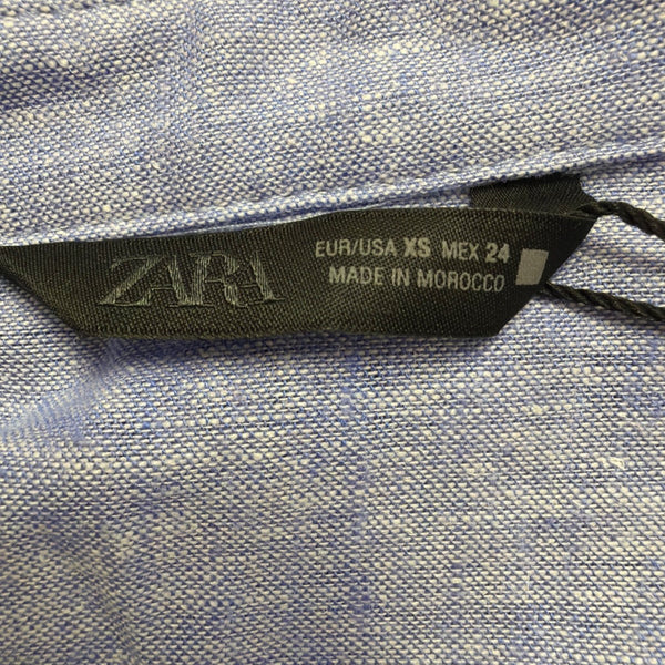Zara Womens Blue Linen-Blend Collared Button-Up Short Sleeve Shirt Size XS