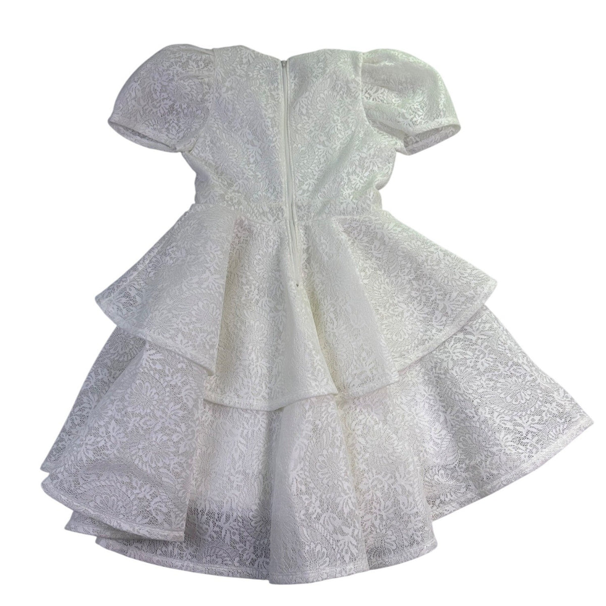 C By CQ Womens White Lace Puff-Sleeve Tiered Dress Floral Fully Lined Sz M