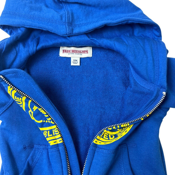 True Religion Baby Hoodie Blue Zip-Up Sweatshirt With Yellow Logo Size 12M- New