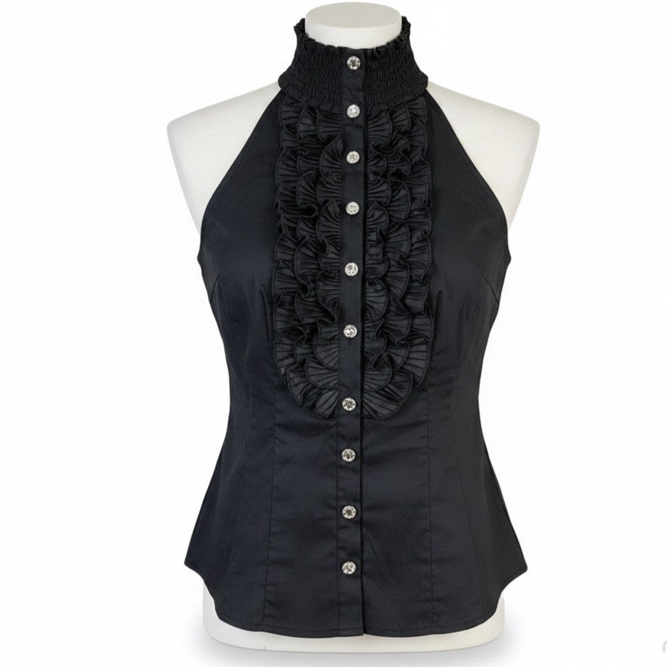 Bebe Womens Black Button-Down Sleeveless Ruffle Blouse Size S