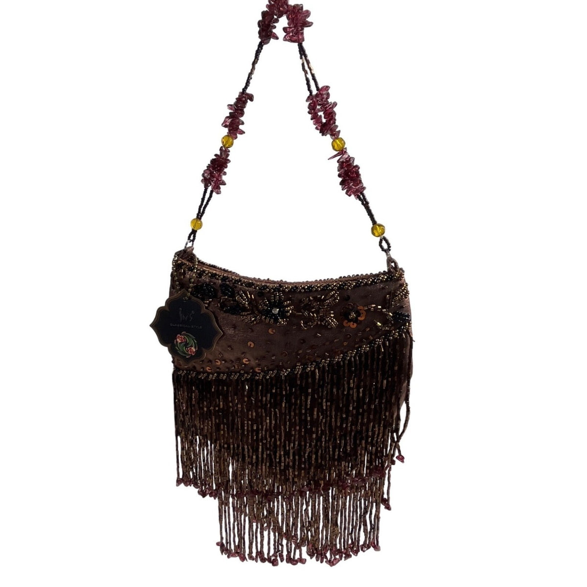 Vtg 80s In’s Classical Style Women's Brown Floral Beads Shoulder Bag Sz S