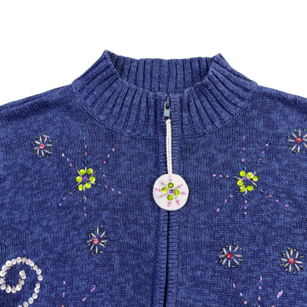 Carly St. Claire Womens Blue Cotton Ramie Embellished Cardigan Sweater Size PXL