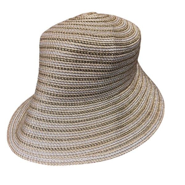 Eric Javits Womens Gold Wide Brim Sun Hat Lightweight Metallic Straw Blend