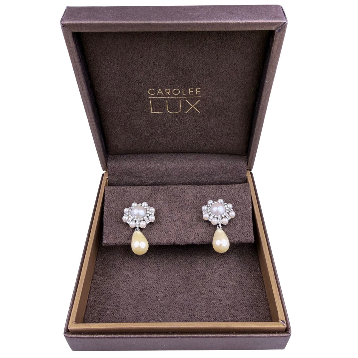 Carolee Womens Silver Tone Crystal & Faux Pearl Drop Earrings Original Box 