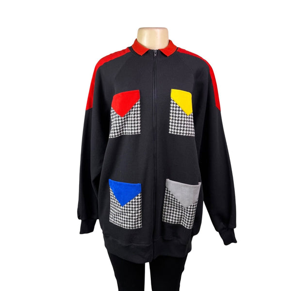 Vintage Hanes Unisex Black Multi-Color Patch Houndstooth Zip-Up Sweatshirt Sz XL