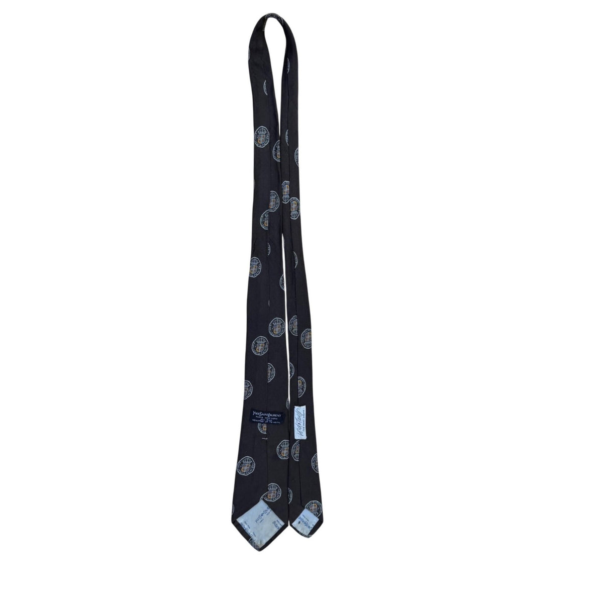 Saint Laurent Mens Black Silk Printed Tie All-Over Emblem Design Formal Acc