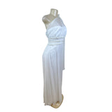 One Shoulder White Chiffon Maxi Dress With Pleated Waistband Detailed