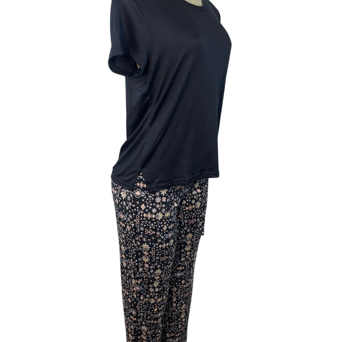 Muk Luks 3-Piece Black Open Cardigan T-Shirt & Floral Pant Lounge Set Sz S - New